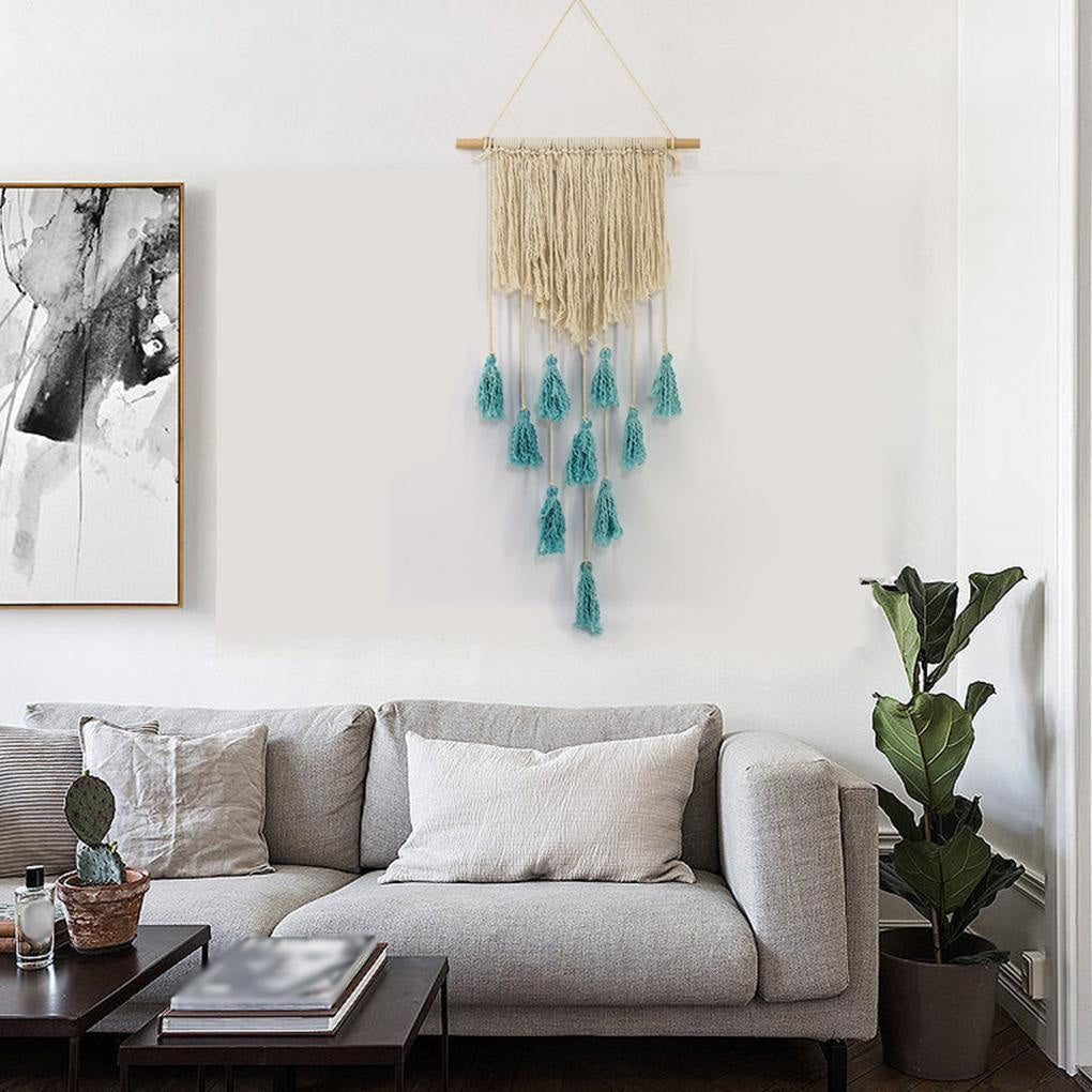 Tenture Macramé Pompon Bleu