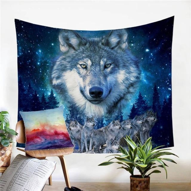 Tenture Psychédélique Loup Alpha - Bleu / 130 x 150cm