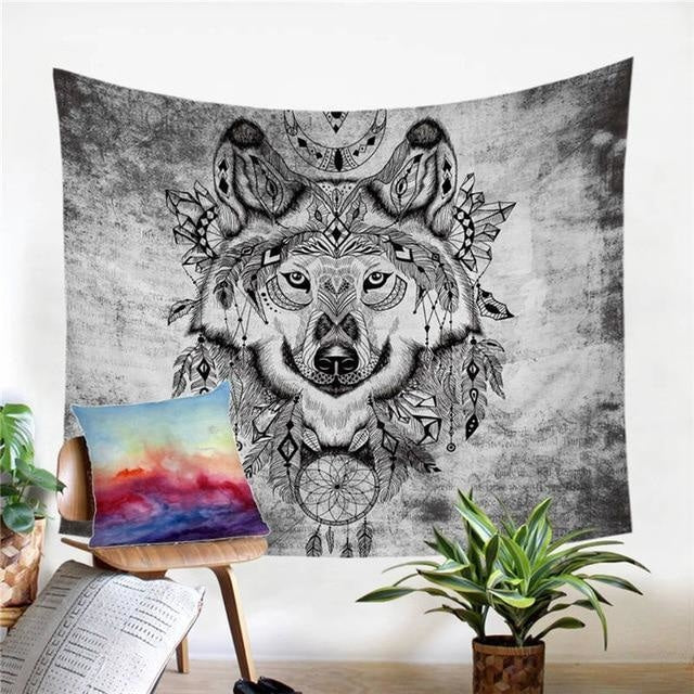 Tenture Psychédélique Loup Indien - Gris / 150 x 200cm