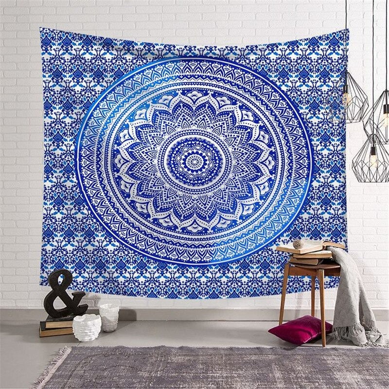 Petit tissu mural mandala tissu bleu sur tissu blanc Tapisserie indienne ou  tenture murale avec dégradé 100% coton commerce équitable -  France